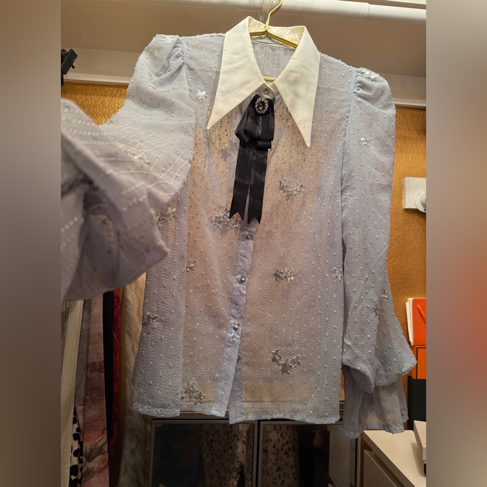 Unique Blue Sheer Blouse with Embellishments and Bow